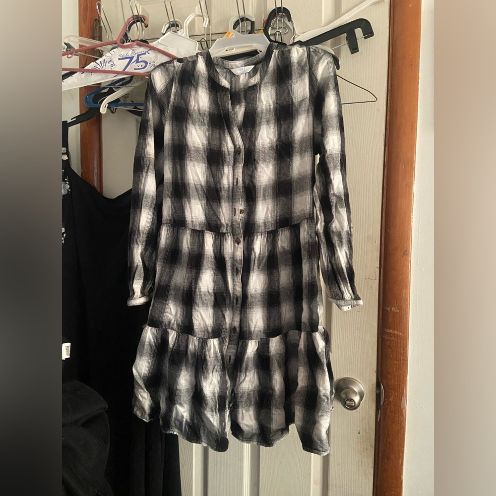 Black and White Plaid Button Down Midi Dress